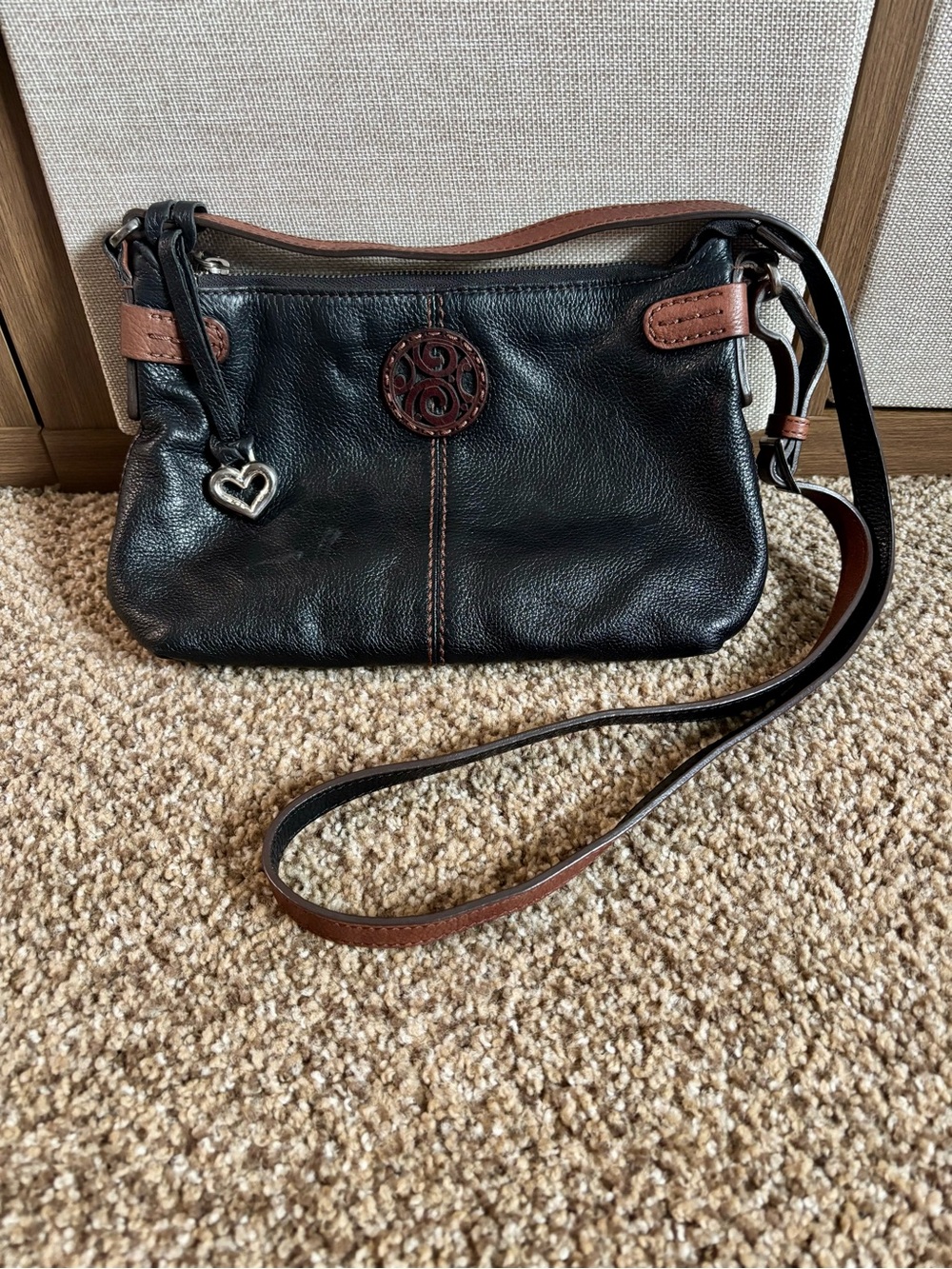 Vintage Style Brighton Black Brown Pebbled Soft Leather Crossbody Heart Charm